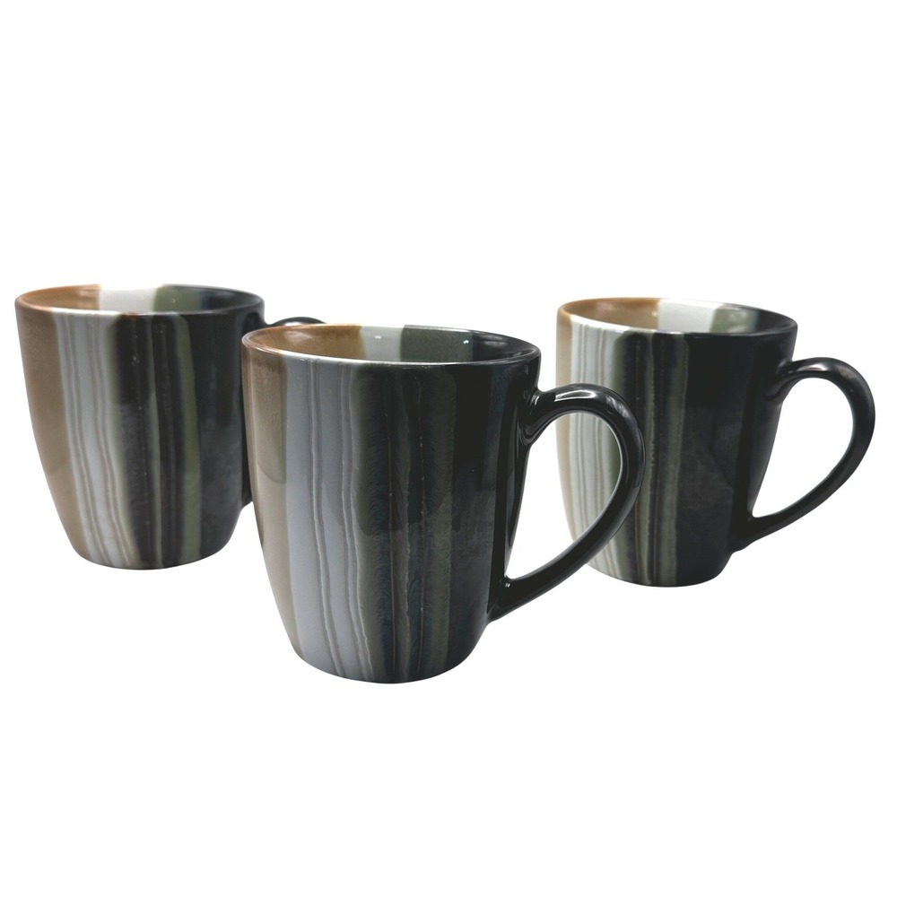 HomeTrends Jazz Coffee Mugs Set of 3 Brown Tan Green Striped Stoneware Excellent